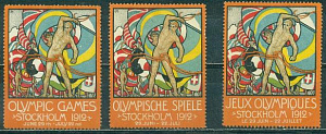 Олимпийские Игры: СТОКГОЛЬМЪ 1912 ГОДЪ англ. +немец.+ фр. языки. 3 марки